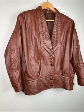 Vintage embroidered floral leather brown bomber jacket coat women’s boho hippie
